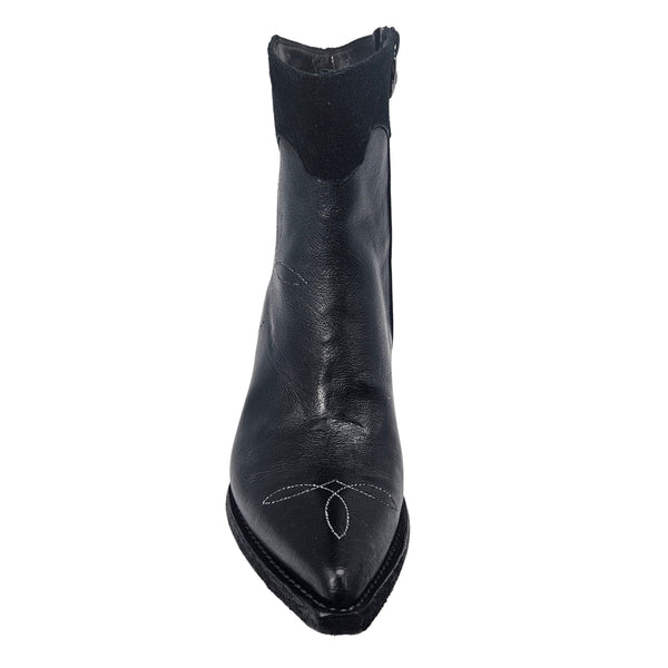 Black leather ankle boots with pointed toe and curved decorative stitching