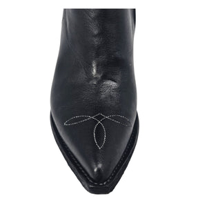 Black leather pointed toe ankle boots with cross-stitch decorative seam