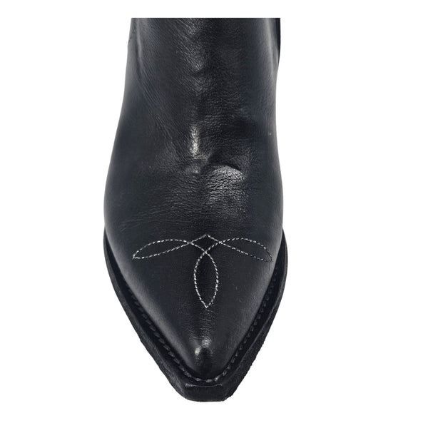 Black leather pointed toe ankle boots with cross-stitch decorative seam