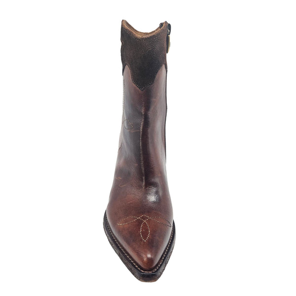 Cognac leather ankle boots with pointed toe and stacked block heel