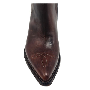 Cognac leather pointed-toe ankle boots with oval stitched detail and block heel