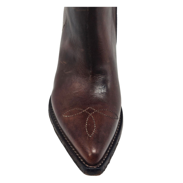 Cognac leather pointed-toe ankle boots with oval stitched detail and block heel