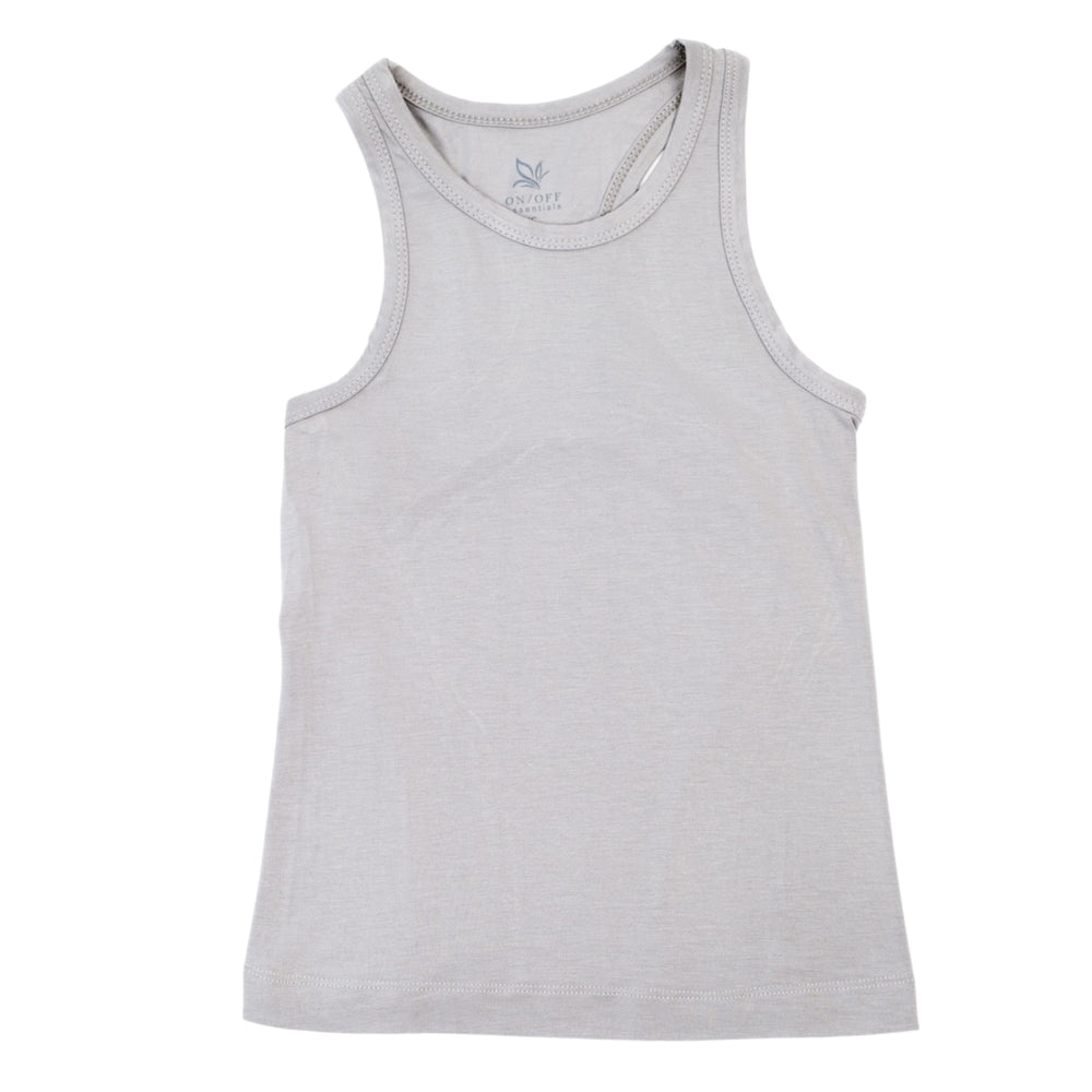 Light gray sleeveless tank top with crew neckline, soft knit fabric