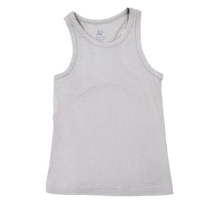 Light gray sleeveless tank top with crew neckline, soft knit fabric