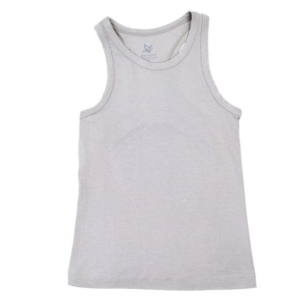 Light gray sleeveless tank top with crew neckline, soft knit fabric