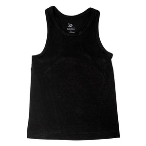 Black essential tank top with crew neck and sleeveless design