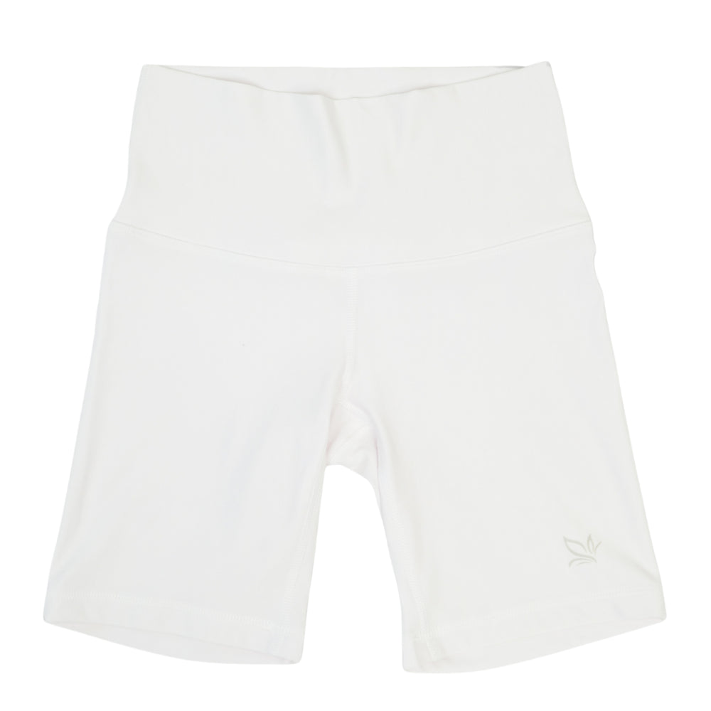 White 5-inch core shorts with elastic waistband and small leaf logo on thigh