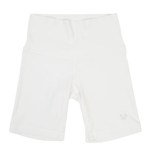 White 5-inch core shorts with elastic waistband and small leaf logo on thigh