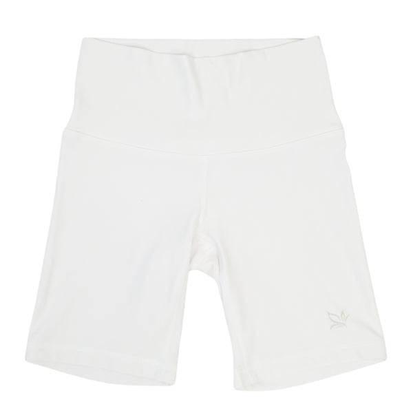 White 5-inch core shorts with elastic waistband and small leaf logo on thigh