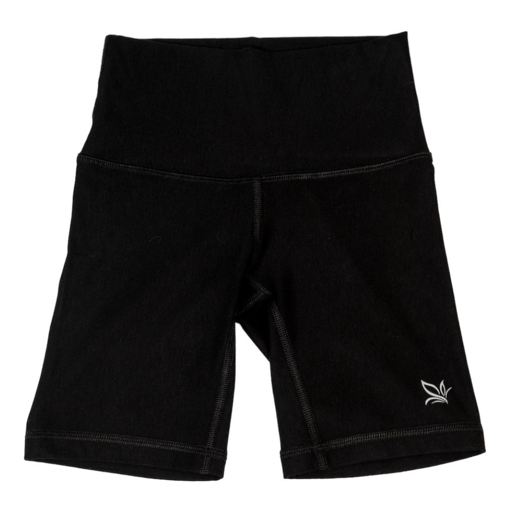 Black 5-inch athletic shorts with stitched seams and small side logo