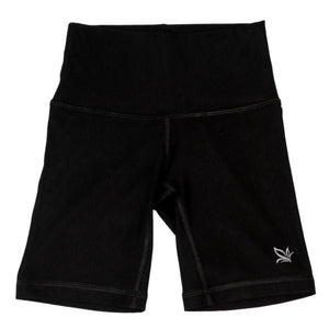 Black 5-inch athletic shorts with stitched seams and small side logo