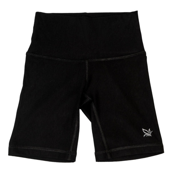 Black 5-inch athletic shorts with stitched seams and small side logo