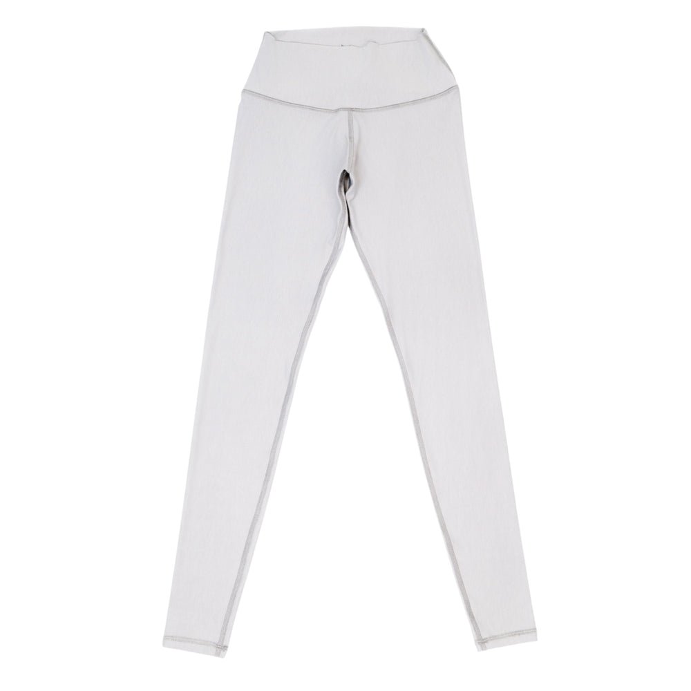 Light gray core leggings with wide waistband and full-length skinny fit