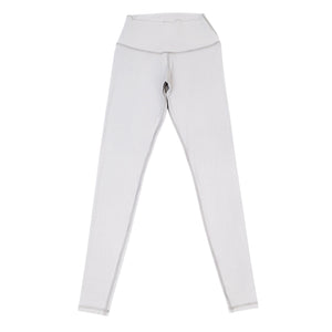 Light gray core leggings with wide waistband and full-length skinny fit