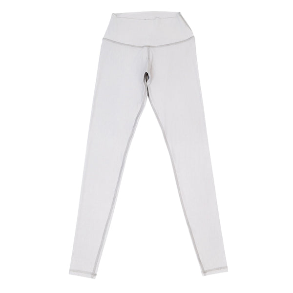 Light gray core leggings with wide waistband and full-length skinny fit