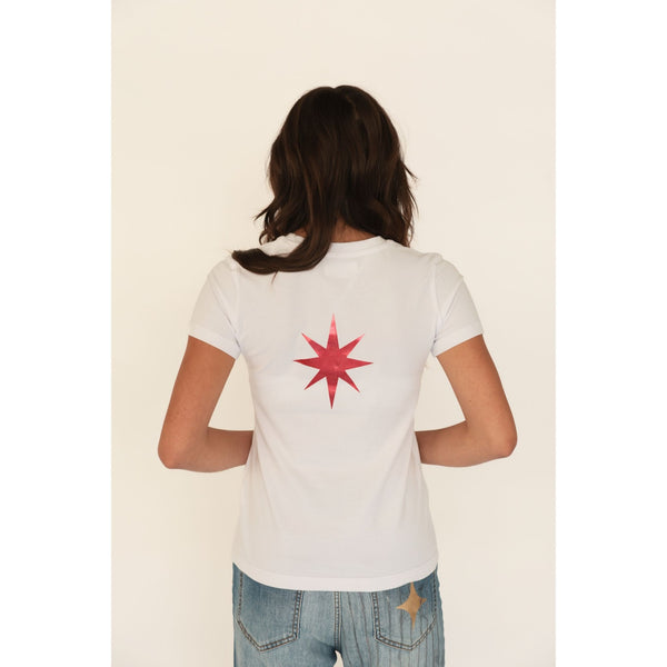 White T-shirt back with red starburst graphic at center