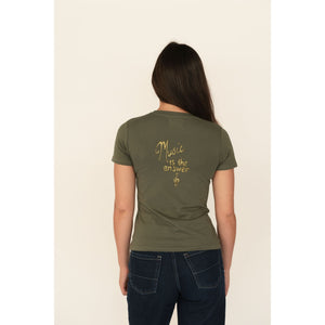 Dark green T-shirt back with gold 'Music is the answer' graphic and clef