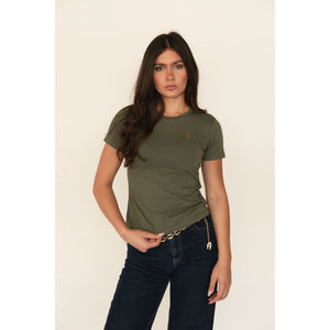 Dark green short-sleeve T-shirt with small gold treble clef at chest