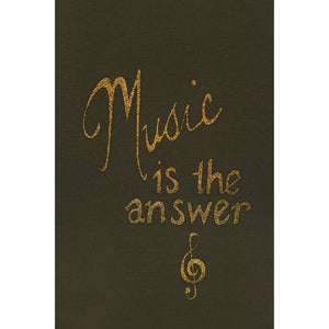 Dark green T-shirt close-up of gold 'Music is the answer' lettering