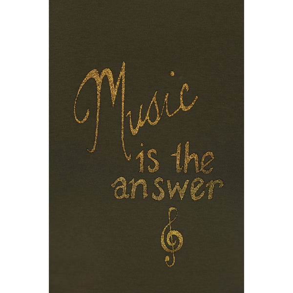 Dark green T-shirt close-up of gold 'Music is the answer' lettering