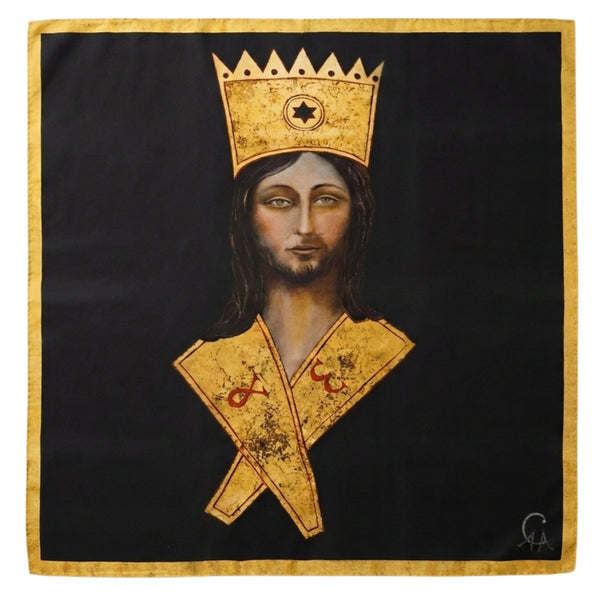 Black silk satin scarf with gold border and portrait-style graphic print