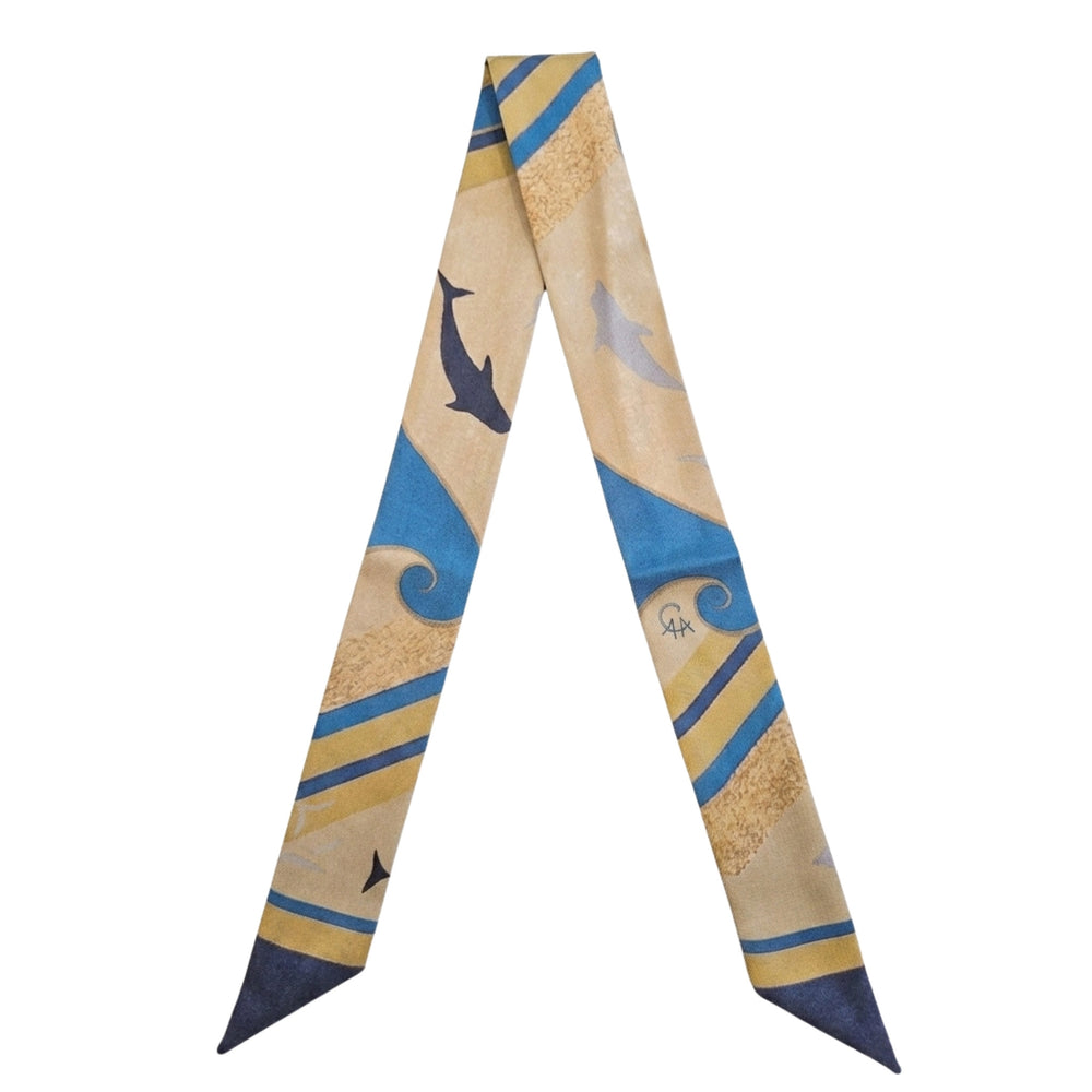 Silk satin twill neck scarf, beige with blue border and abstract bird motifs