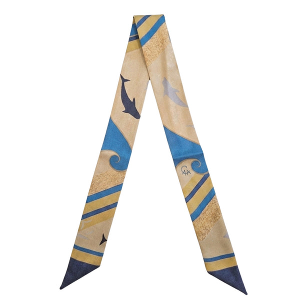 Silk satin twill neck scarf, beige with blue border and abstract bird motifs