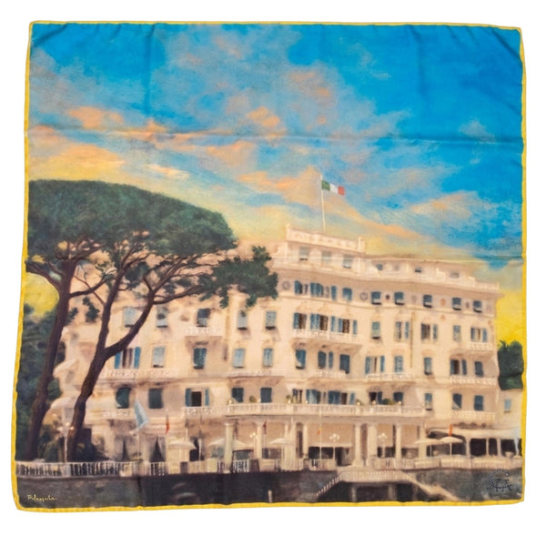 Multicolor cashmere silk scarf with scenic building and tree print