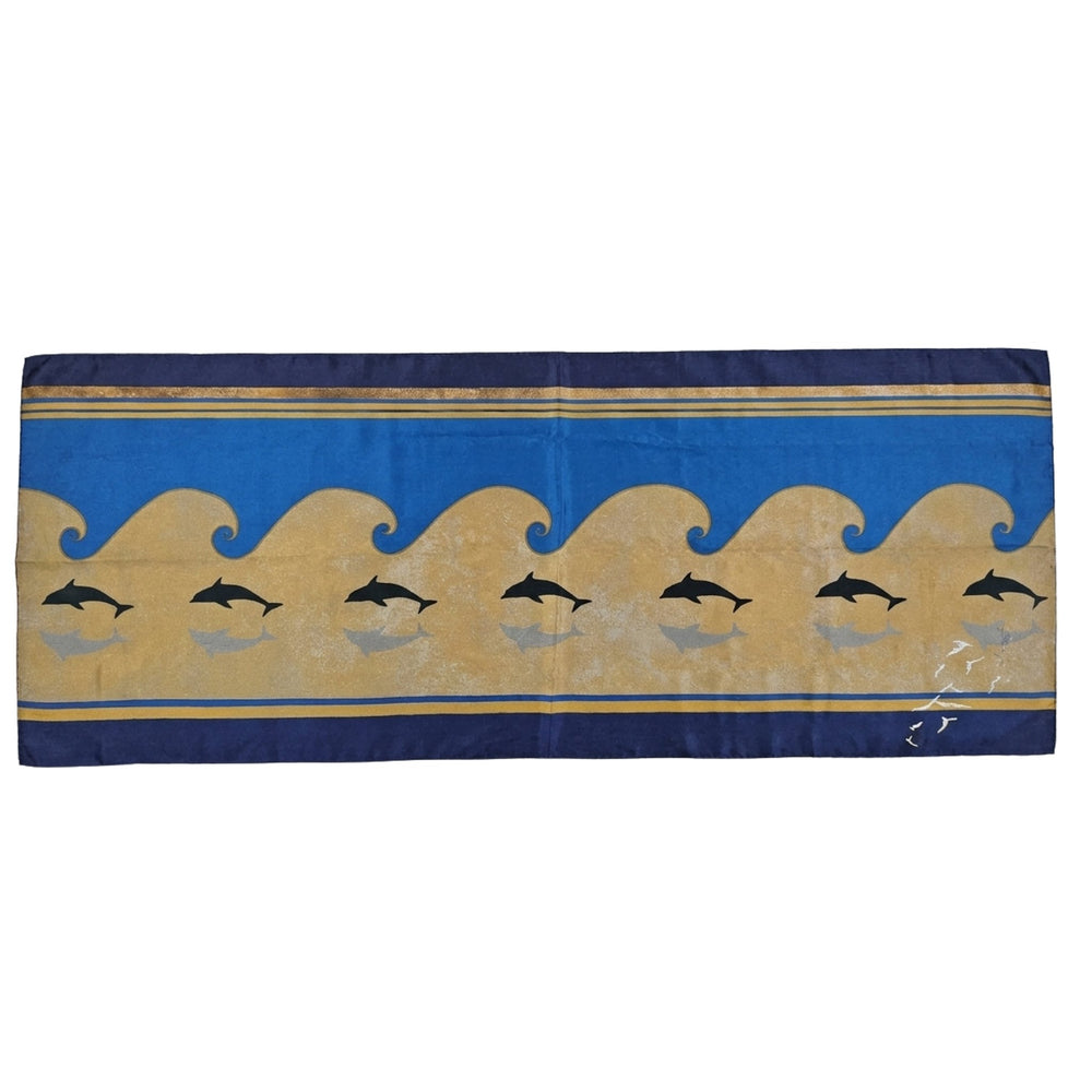 Blue silk satin scarf with gold border and repeating bird motif, rectangular