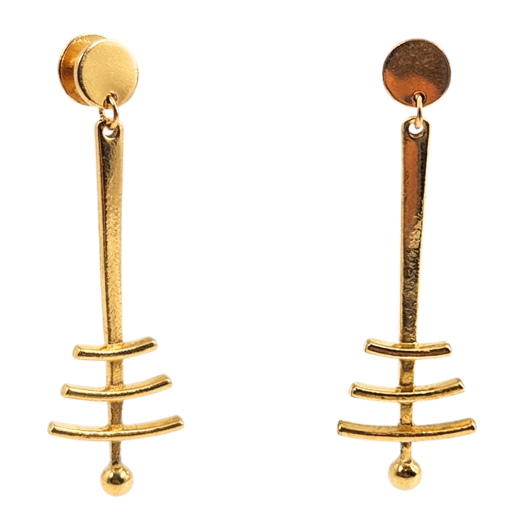 Vintage gold geometric drop earrings, circular top with stacked bar dangles