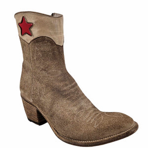 Beige suede ankle cowboy boots with red star on side, western stitched shaft