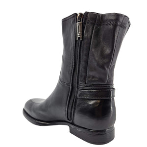 Mid-calf leather boot with center side zipper and stitched cuff, low heel