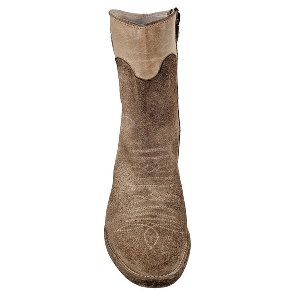 Beige suede ankle boots with rounded toe, stitched panel and low stacked heel
