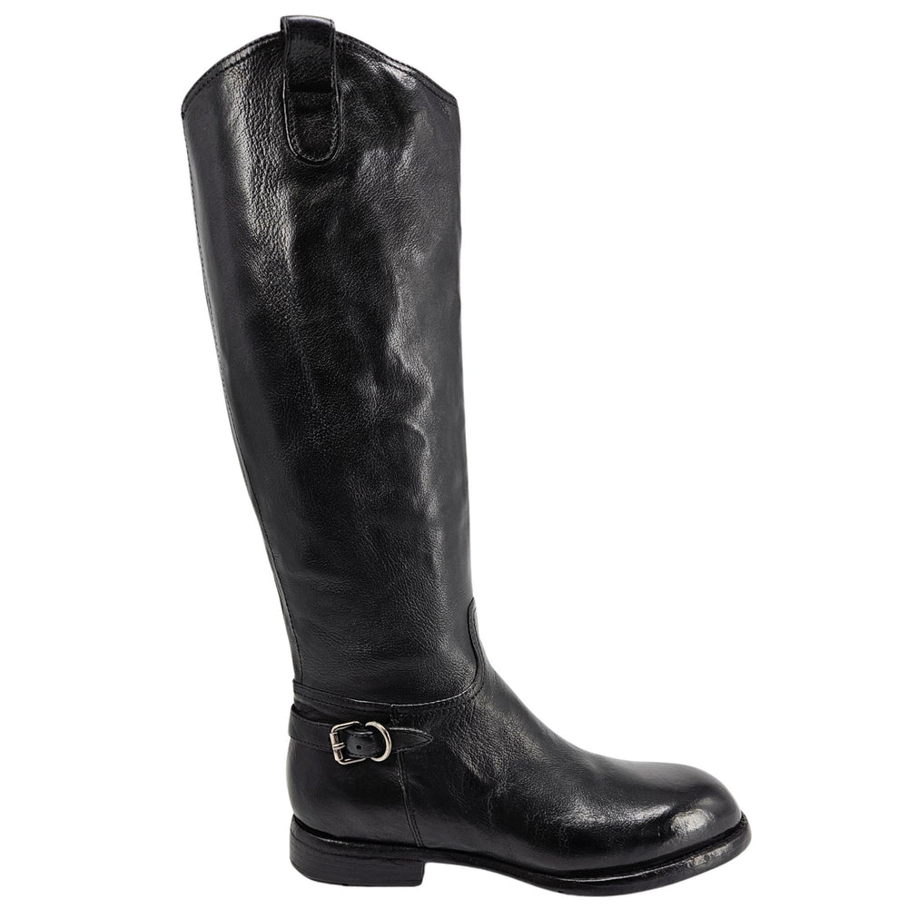 Black leather knee-high boot with side zipper and buckle strap at the top