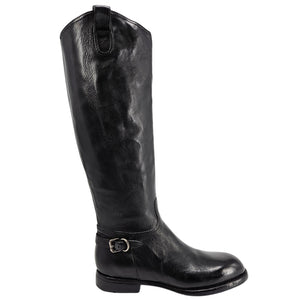 Black leather knee-high boot with side zipper and buckle strap at the top