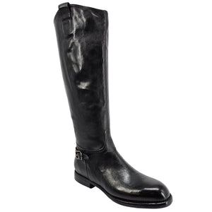 Black leather knee-high boot with side zipper and low stacked heel