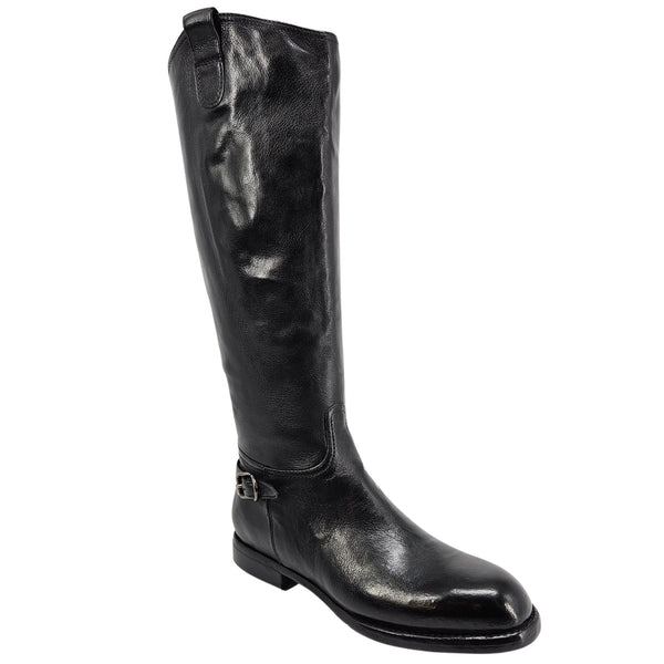 Black leather knee-high boot with side zipper and low stacked heel