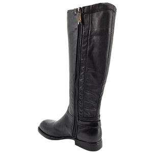Black leather knee-high boot with full side zipper seam and ankle strap