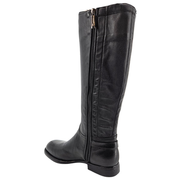 Black leather knee-high boot with full side zipper seam and ankle strap