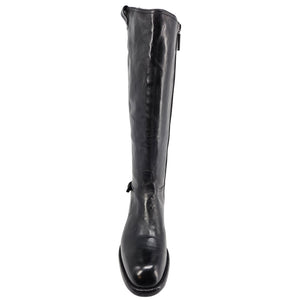 Black leather knee-high boot with side zipper and rounded toe
