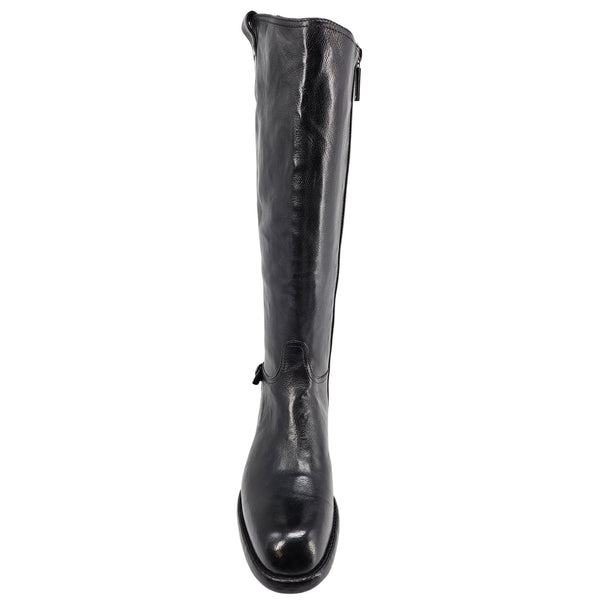 Black leather knee-high boot with side zipper and rounded toe
