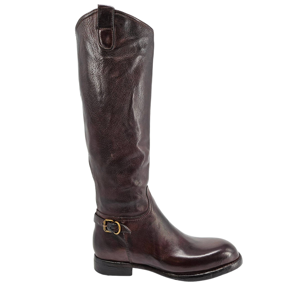 Brown leather knee-high boot with side zipper and buckle strap.
