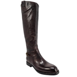 Brown leather knee-high boot with side zipper, low block heel, buckle.