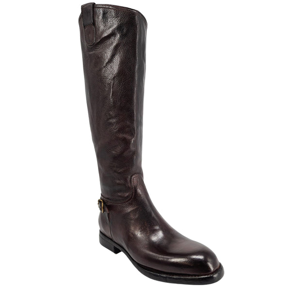 Brown leather knee-high boot with side zipper, low block heel, buckle.