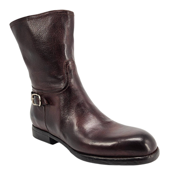 Brown leather mid-calf boot with side buckle detail and rounded toe