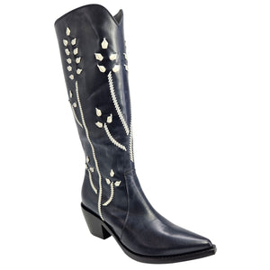 Tall dark blue leather cowboy boots with white floral embroidery and pointed toe