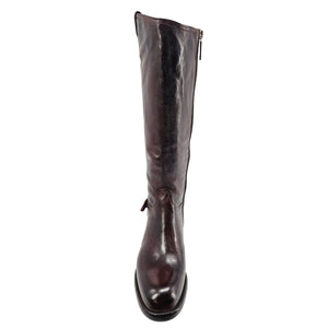 Brown leather knee-high boot with back pull tab and low block heel.