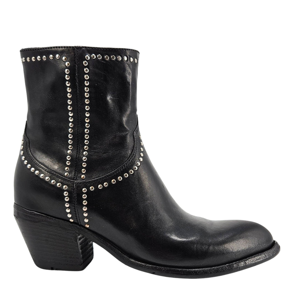 Black leather ankle boot with silver-tone studded trim and block heel