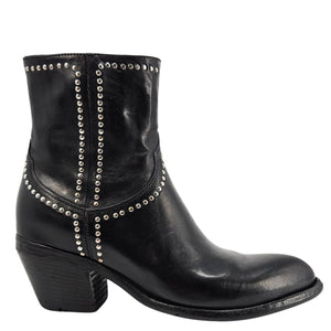 Black leather ankle boot with silver-tone studded trim and block heel