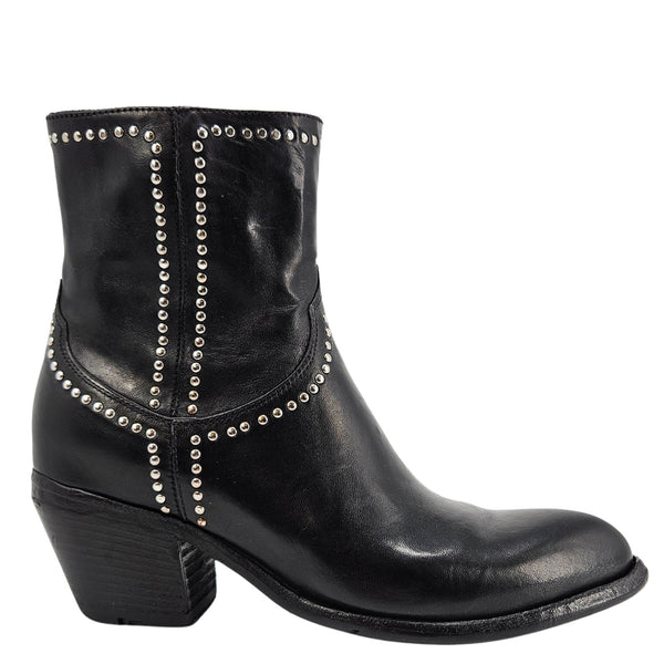 Black leather ankle boot with silver-tone studded trim and block heel